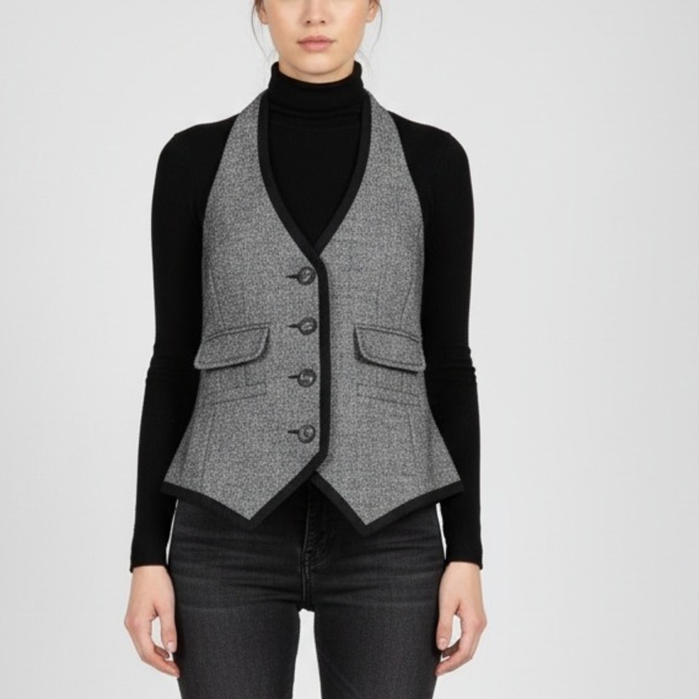 Trina Terk Silk Wool blend Vest Womens Gray Black Halter Button Front Fitted